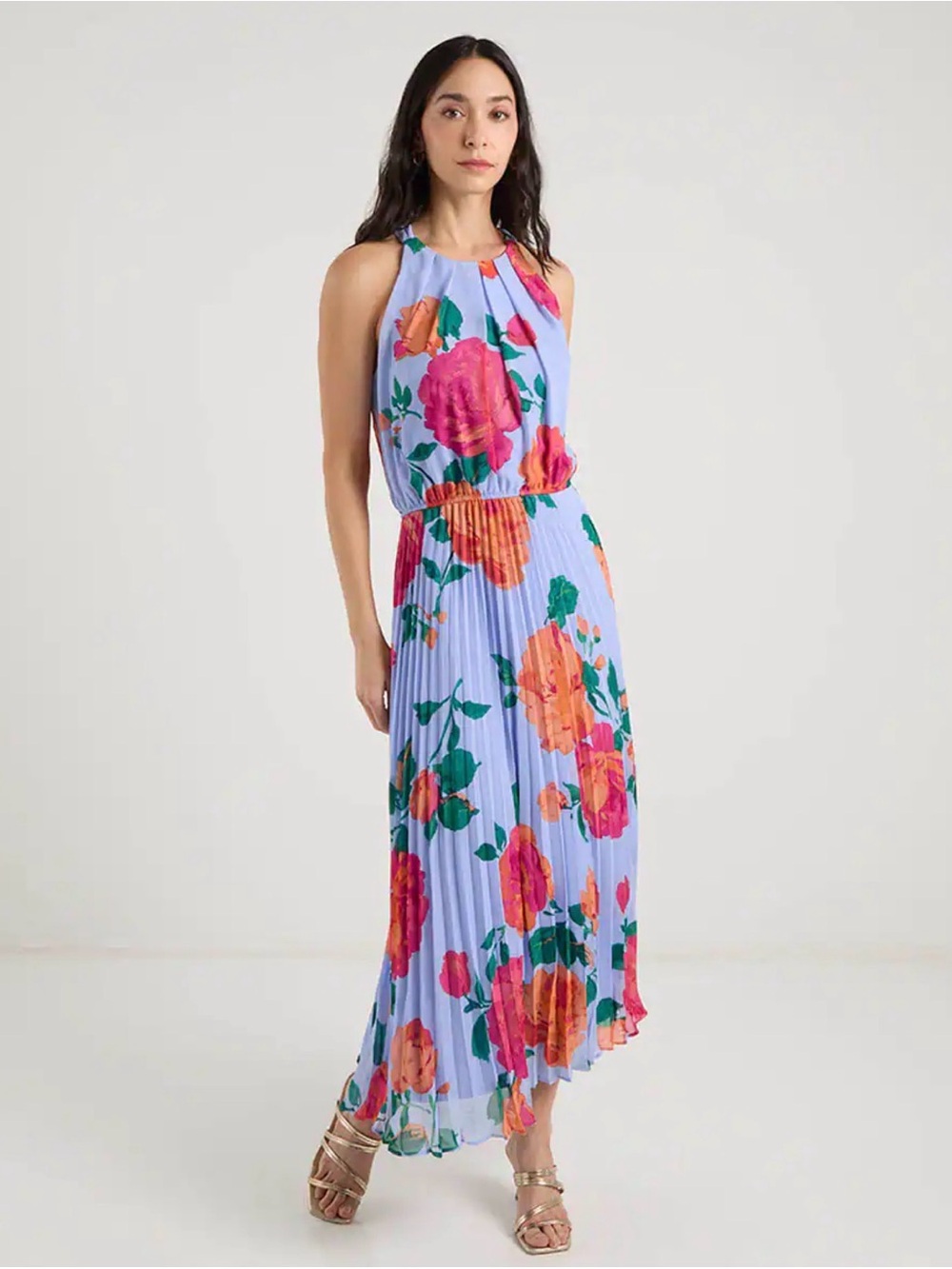 Sandra Darren Light Blue Maxi Dress with Pink & Orange Floral Print